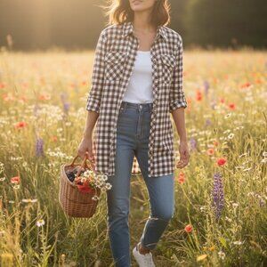 Cider Brown Check Plaid Womens Small Lightweight Button Down Tunic Shirt